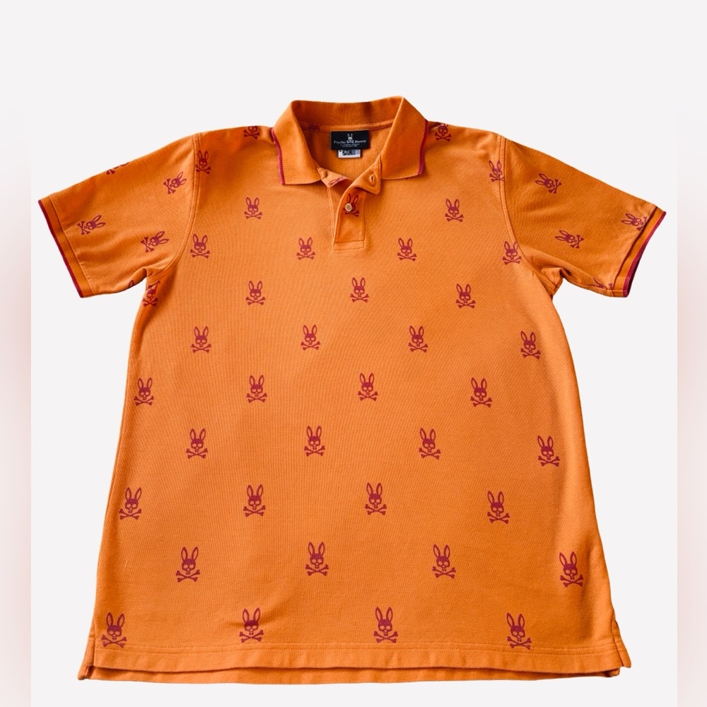 Psycho Bunny Orange Polo with all over print Bunny Motifs Maroon Stripe 6/Large